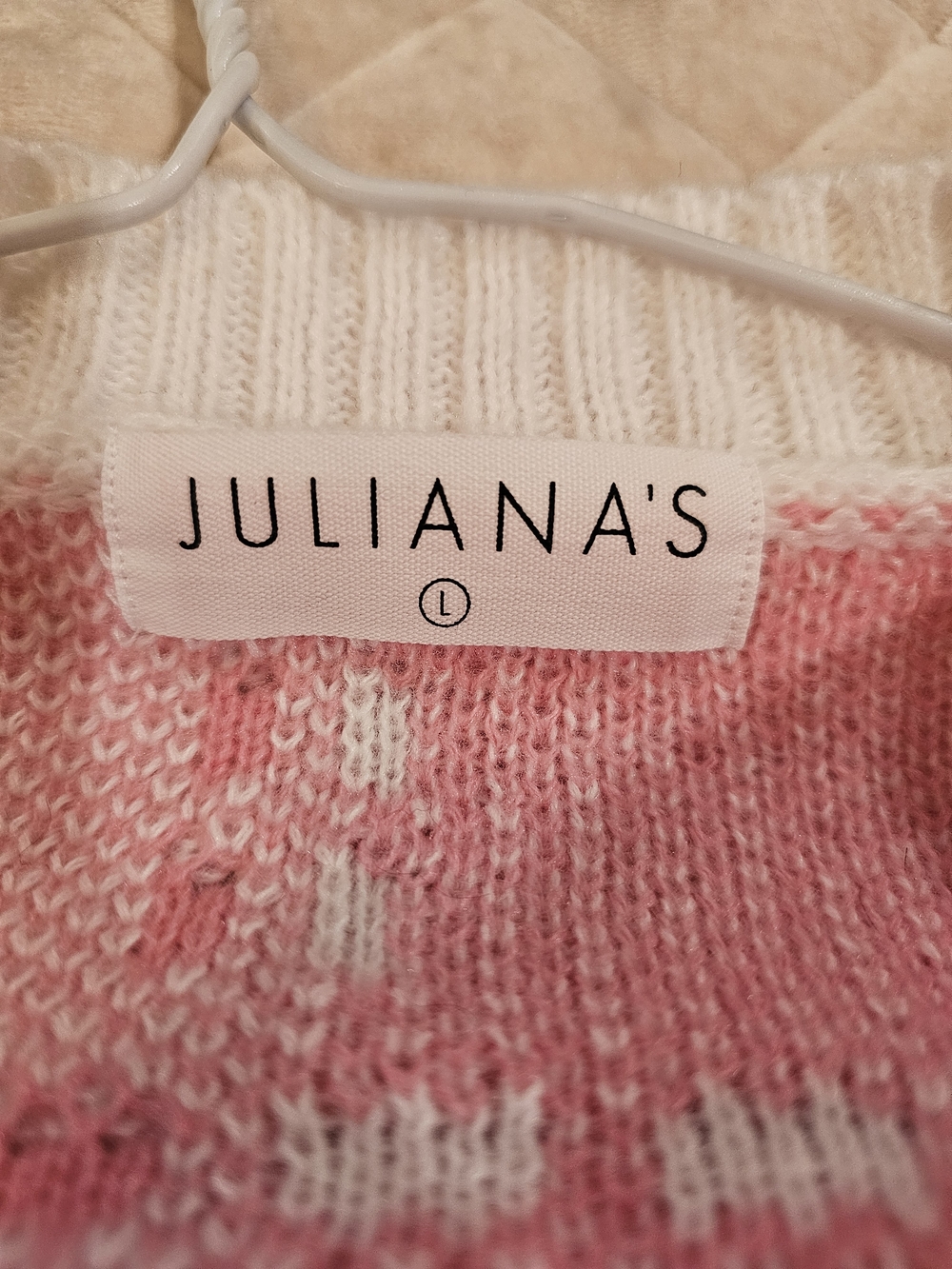 Julianas Pink & White Checker Bow Knit Crewneck Sweater - Picture 3 of 5